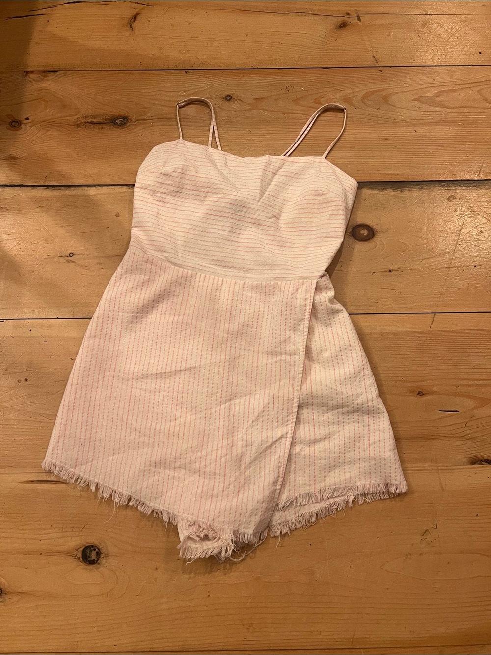 Pink Pin Striped Sleeveless Romper with Frayed Hem